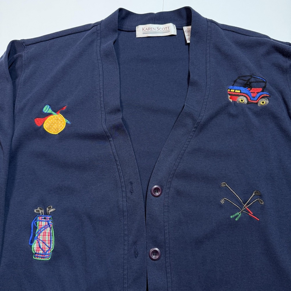 Vintage Karen Scott Sweater Cardigan Womens Large Navy Golf Embroidered 90s - Picture 2 of 7